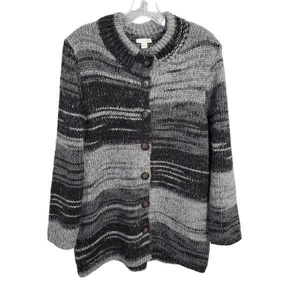 J. Jill Sweaters - J Jill Size S Cardigan Button Jacket Chunky Knit Wool Blend Gray Stripes Pockets